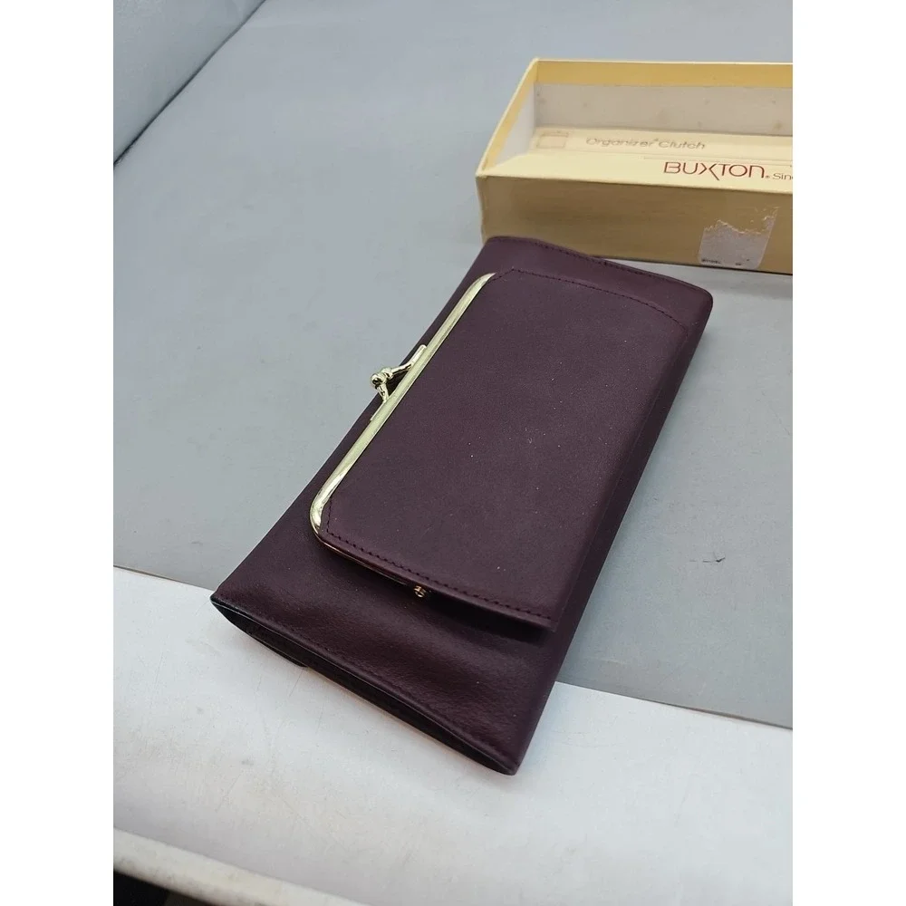 Vintage BUXTON Wallet Clutch Coin Purse Organizer Blue Leather with Box Burgundy